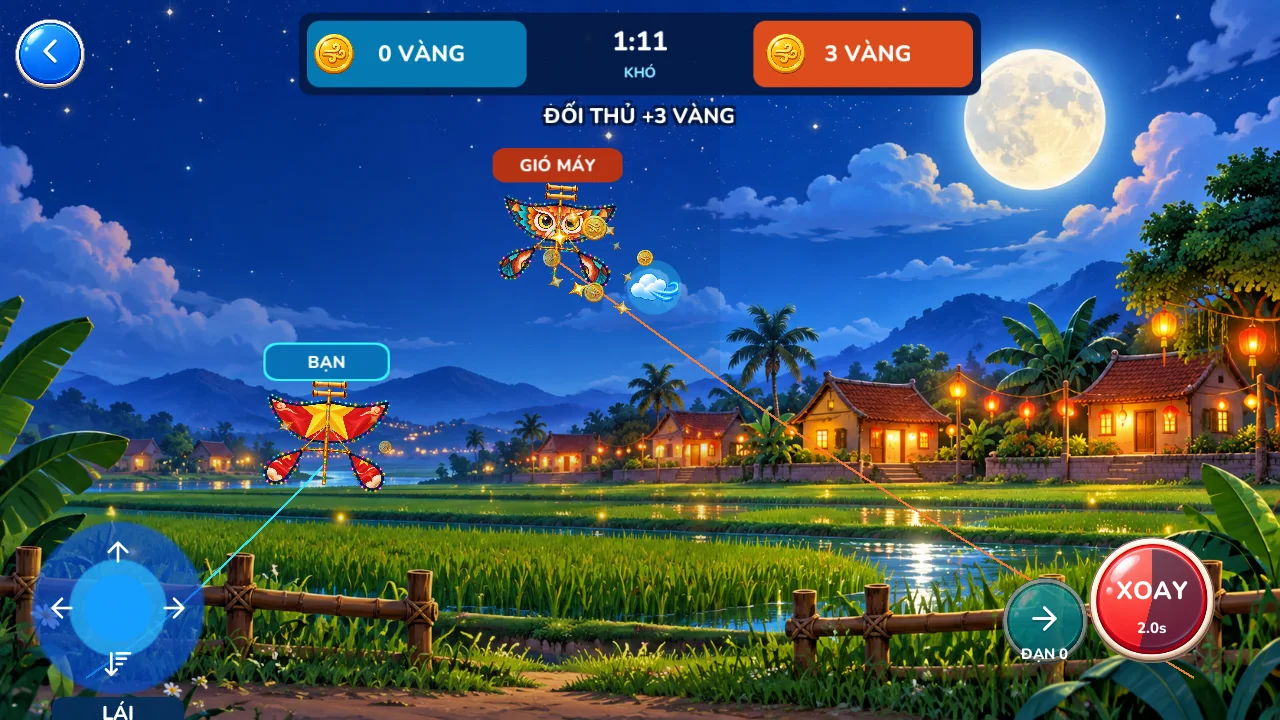 Trận đua diều ban đêm với hai chiếc diều và nút điều khiển