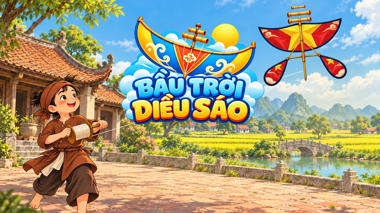 Màn chào game với cậu bé thả diều sáo bên làng quê Việt Nam