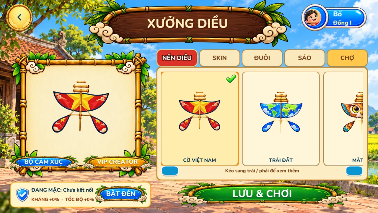 Xưởng diều với mẫu cờ Việt Nam, Trái Đất và các lựa chọn sáo, đuôi